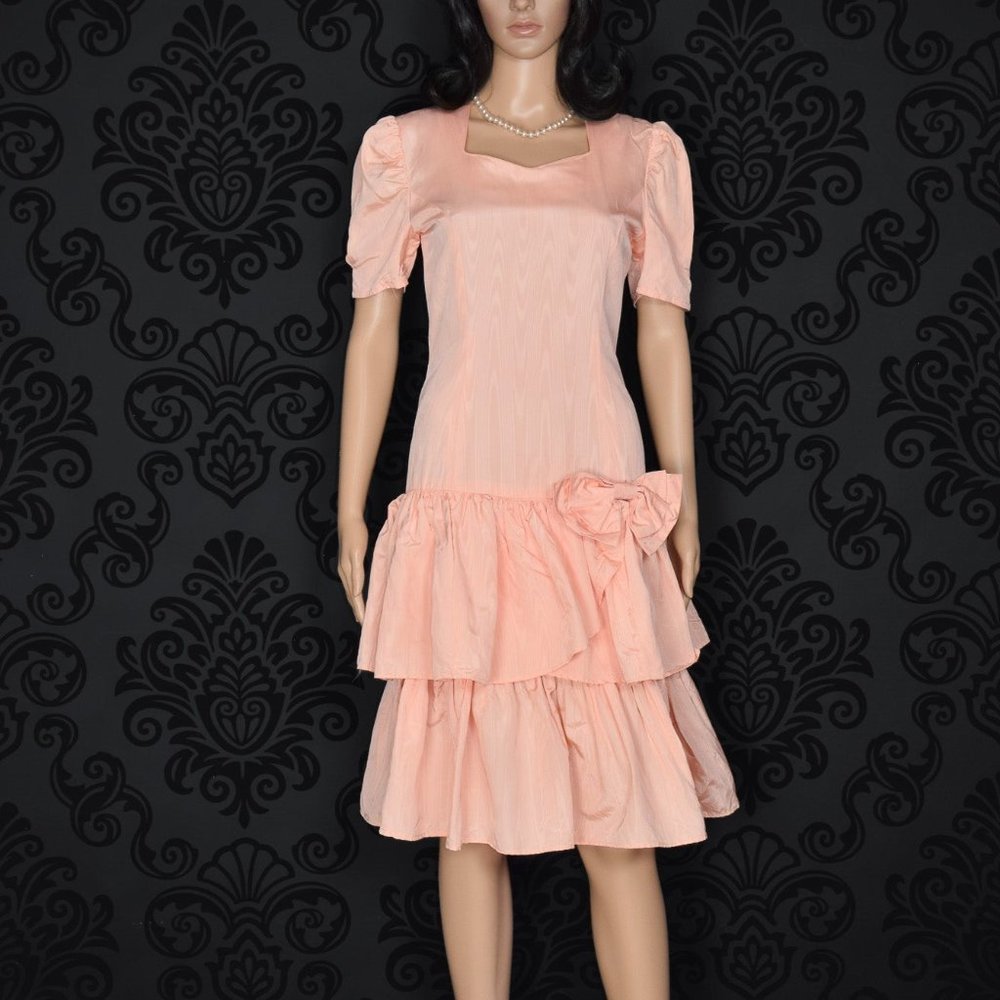 Vintage 80s Peachy Pink Moire Taffeta Drop Waist Dress